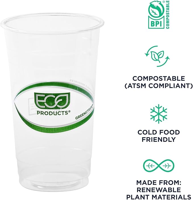 ECO PRODUCTS GreenStripe Clear Compostable 24oz PLA Large Plastic Cups, Pack of 50, Disposable Renewable Plant-Based Cold Cups, For Cold Drinks & Snacks, BPI Certified, ASTM Compliant.