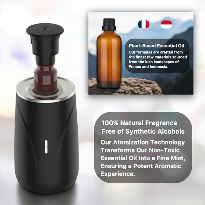 Smart Oil Diffuser – 2-in-1 for Car & Home, Waterless & Natural Aromatherapy, Auto-On Vibration Sensor, Quiet, USB-C Rechargeable, 2000mAh Battery