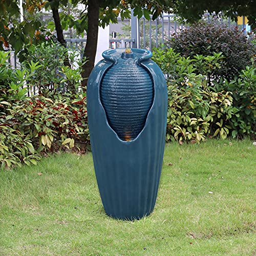 32 in. Outdoor Contemporary Glazed Contoured Vase Water Fountain with LED Lights to Create a Calming Oasis in Gardens and Landscaping