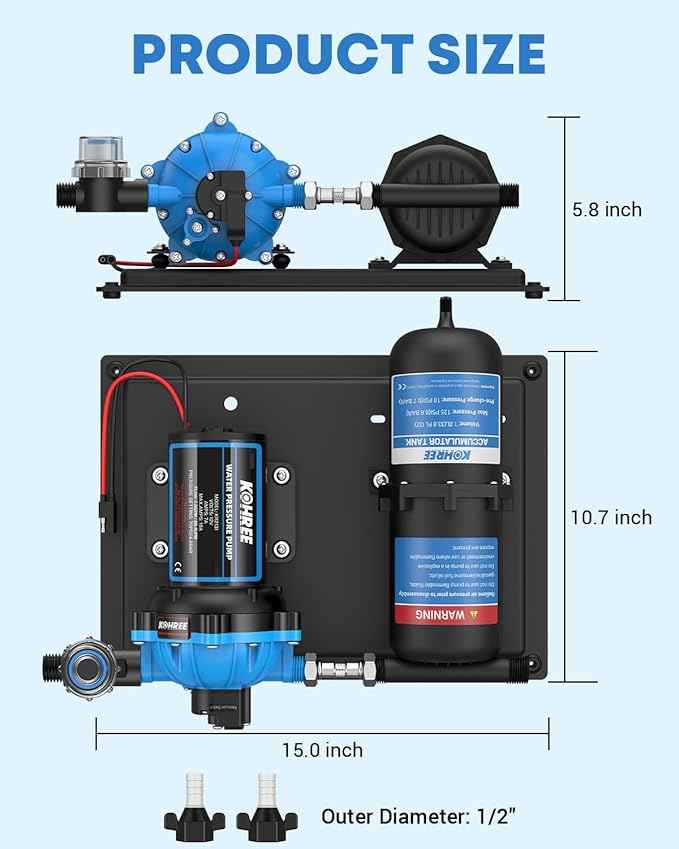 Kohree RV Water Pump 12V DC 7GPM 70PSI and 1L 125PSI Pre-Pressurized Accumulator Tank, Quiet RV Water Pump and Accumulator Tank System for RV Camping, Boat, Kitchen, Bathroom