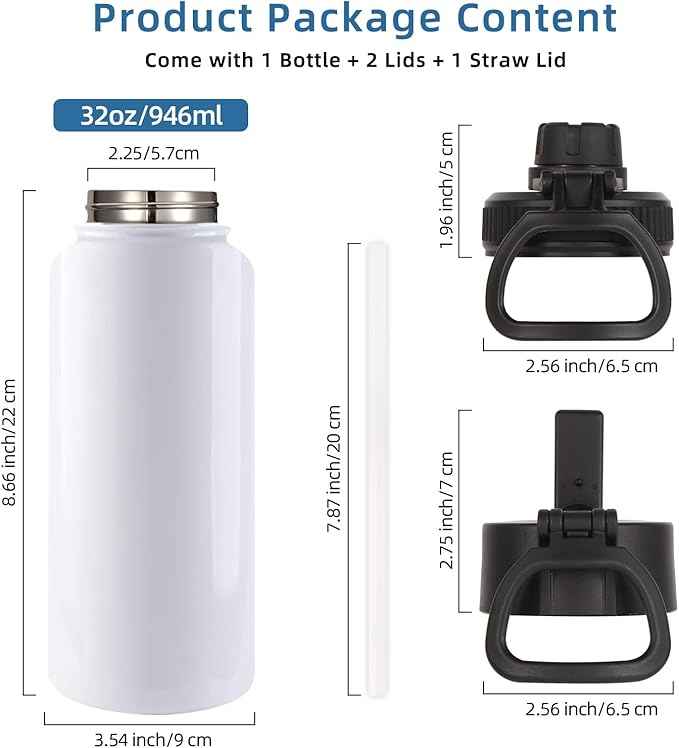 Volhoply Sublimation Insulated Water Bottles Blank Bulk 8 Pack, 32 oz Stainless Steel Sports Bottle with Straw, Double Walled Vacuum Metal Water Flask with Wide Mouth(Sublimation,8)