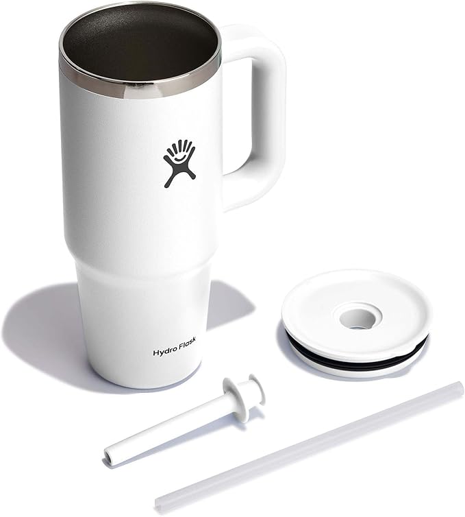 Hydro Flask Travel Tumbler with Handle, Lid and Straw - Insulated Stainless Steel in 24 Oz White