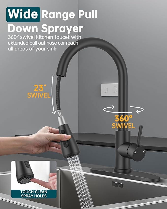 Kitchen Sink Faucet with Pull Down Sprayer with Deck Plate, 1 or 3 Holes High Arc Faucet, Stainless Steel Modern Bar Sink Faucets for Pot Filler, Farmhouse Laundry, RV Bathroom (Black)