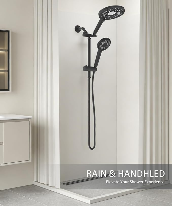 Filtered Shower Head with Handheld Shower Head High Pressure Rainfall System with Slide Bar Dual Filter Softener for Hard Water,6 Spray Modes,Adjustable Height,Black