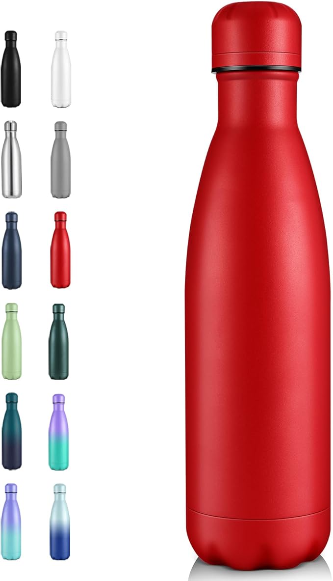 Volhoply 17oz Insulated Stainless Steel Water Bottle, Double Wall Vacuum Flask, Keeps Cold 24h & Hot 12h, Available in Packs of 1, 4, or 8（Red,1 Pack）