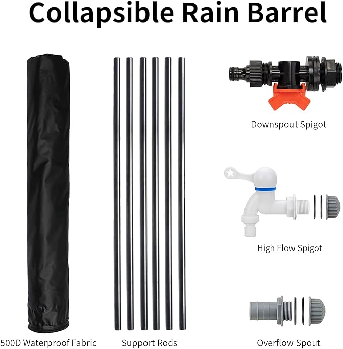 132 Gallon Collapsible Rain Barrel, Portable Water Storage Tank, Foldable Rainwater Collect System Downspout, Water Catcher Container with Filter, Spigots Overflow Kit (Black, 132 Gallon)