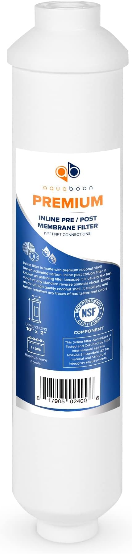 Aquaboon T33 Inline Carbon Filter - 1/4 Inline Water Filter for Refrigerator T33 Inline Ro Post/Granular Activated Carbon (GAC) Polishing Water Filter Cartridge for Reverse Osmosis System 6-Pack