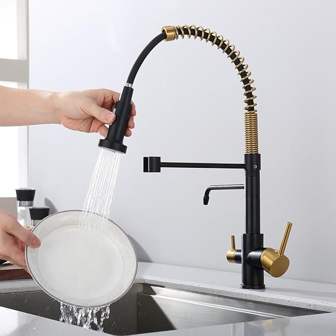 3 Way Kitchen Faucet, Drinking Water Faucet, Filter Kitchen Faucet for Water Filtration System, 3 in 1 Commercial Style Pull-Down 2 Handles, Black and Brushed Gold