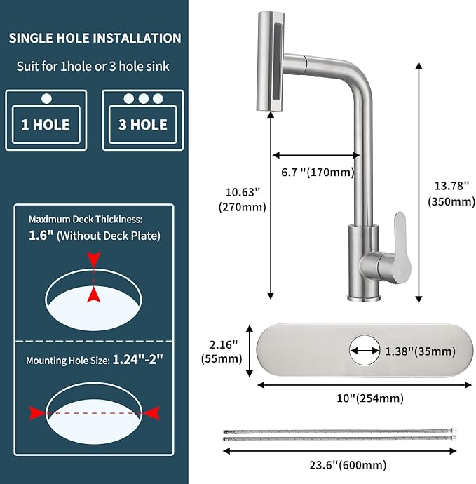 Kitchen Faucet with Pull Down Sprayer SUS304 Stainless Steel Waterfall Kitchen Sink Faucet 4 Functions Brushed Nickel Pull Out Kitchen Sink Faucets Utility Rv for 1 or 3 Hole Sink, KF2-BN