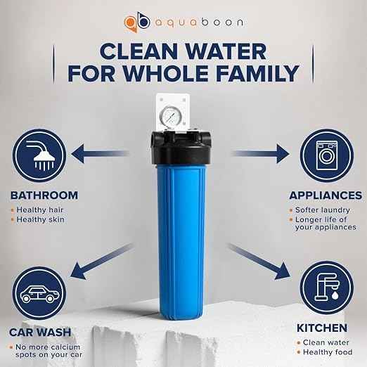 Aquaboon Whole House Water Filter System for Well Water with 20x4.5 Anti-Scale Purification Cartrige | NSF Certified, Pressure Gauges & Releas, Wrench, Bracket 1" NPT