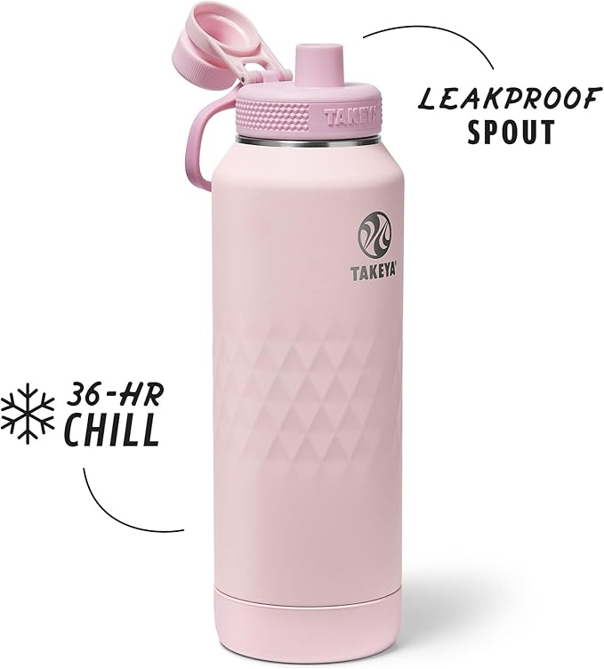 Takeya Sport 40 oz Triple-Insulated Stainless Steel Water Bottle, Spout Lid – Leakproof, Sweatproof, BPA-Free, Keeps Drinks Cold 36 Hrs, Hot 14 Hrs – Peony