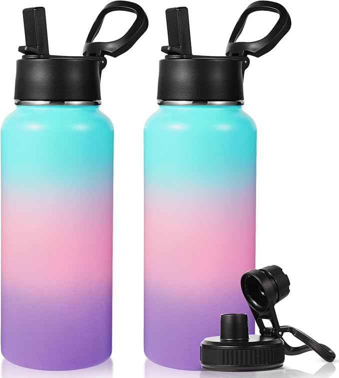 Neihepal 32 oz Insulated Water Bottles with 2 Lids (Straw & Spout Lid), 18/8 Stainless Steel Double Wall Water Bottle for Gym, Travel, Camping, Sports (Gradient Color,2Pack)