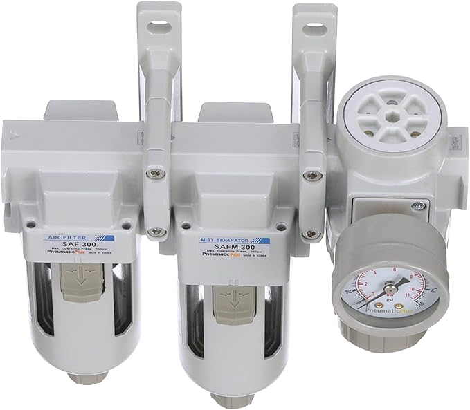 PneumaticPlus SAU330-N03G Three Stage Compressed Air Drying System - Particulate Air Filter, Coalescing Filter, Air Pressure Regulator Combo 3/8" NPT - Poly Bowl, Manual Drain, Gauge - AquaVibe