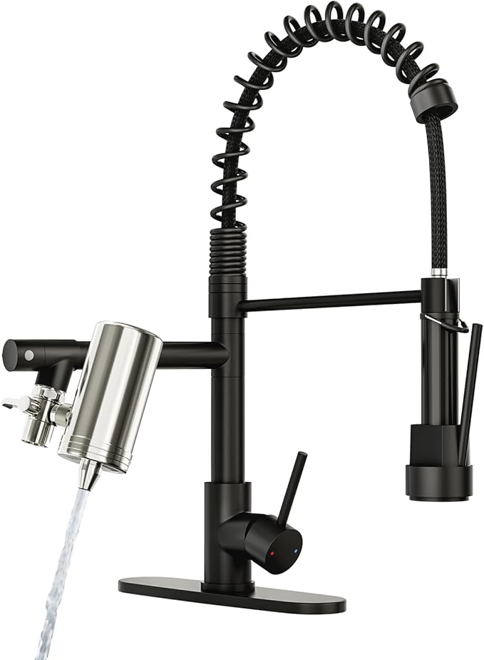 AIMADI Black Kitchen Faucet with Water Filter,Dual Nozzle Matte Black Kitchen Sink Faucet with Pull Down Sprayer for Drinking Water, Farmhouse, RV, Utility or Laundry Sink