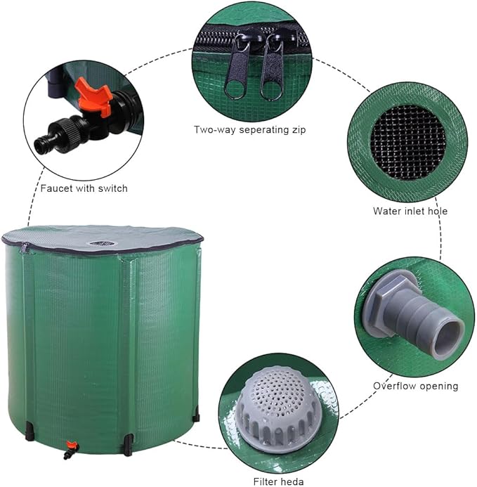 200 Gallon Collapsible Rain Barrel, Portable Water Storage Tank, Foldable Rainwater Collect System Downspout, Water Catcher Container with Filter, Spigots Overflow Kit (Green, 200 Gallon)