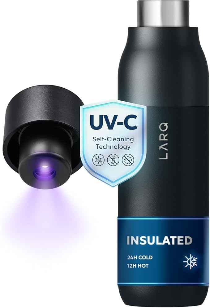 LARQ Bottle PureVis 25 oz - Self-Cleaning and Insulated Stainless Steel Water Bottle with UV Water Purifier and Award-winning Design | Reusable & Travel Friendly, Obsidian Black