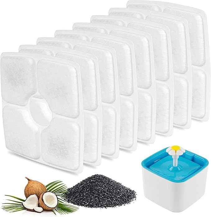 SEISSO Cat Fountain Filter Replacement, Cat Water Filters with Three Stage Filtration System for 84oz/ 2.5L Automatic Pet Fountain Dog Water Dispenser, 8 Packs