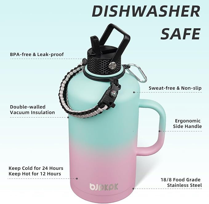 BJPKPK 2/3 Gallon Water Bottle Insulated with Straw Lid, 87oz Large, Stainless Steel Water Bottles with 3 Lids and Paracord Strap, Double Wall Vacuum Metal Water Jug,Marshmallow