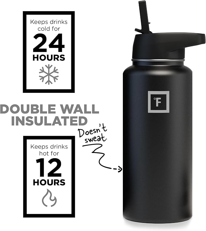 IRON °FLASK Camping & Hiking Hydration Flask with 3 Lids - Stainless Steel, Double Walled & Vacuum Insulated Water Bottle - Leak Proof & BPA Free 32 Oz