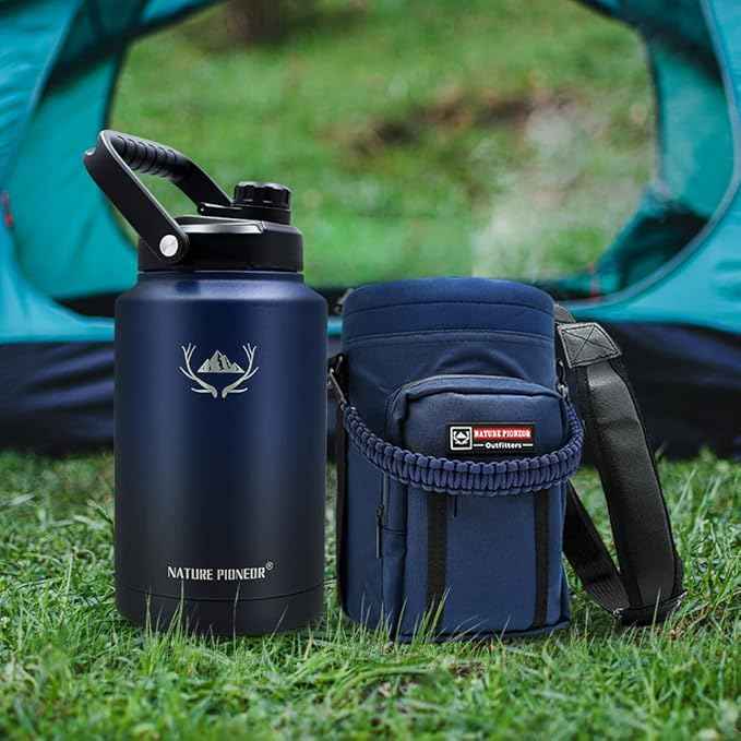 NATURE PIONEOR 1 Gallon Insulated Water Bottle - Double Vacuum Stainless Steel 128 oz Water Bottle with Holder/Carrier, Wide Mouth 1 gallon Water Jug for Outdoor Sports, Hiking, Camping, Gym