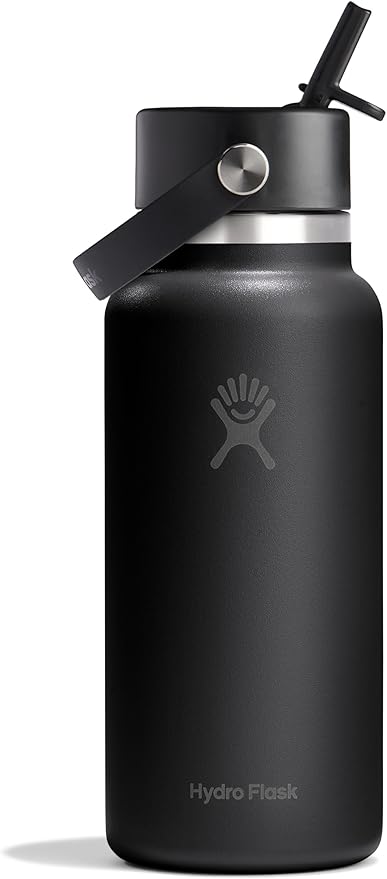 Hydro Flask Water Bottle - Insulated Stainless Steel - Wide Mouth Flex Straw Lid, Non Spill, Leakproof and Refillable in 32 Oz Tonal Black