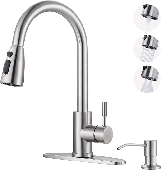 WOWOW Kitchen Faucet with Soap Dispenser: 304 Stainless Steel Kitchen Sink Faucet with Pull Down Sprayer 3 Modes, Single Handle High Arc Mixer Taps for Sink, RV, Laundry, Bar (Brushed Nickel)
