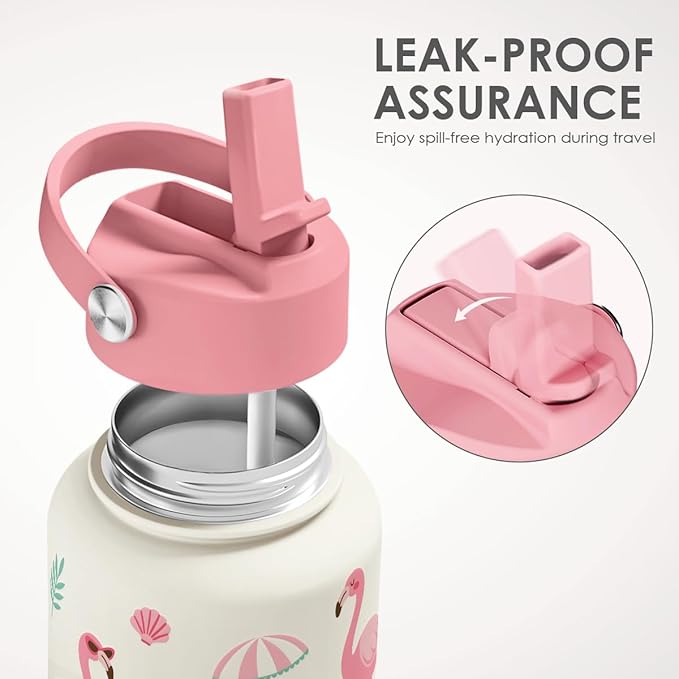 Flamingo Lover Gift for Women, Tropical Water Bottle Stainless Steel 32oz with Lid & Straw, Insulated Bottles Gifts for Girls Friends Teens Birthday Christmas Summer Vibes