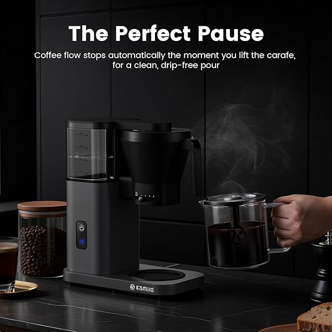 Kismile 8-Cup Drip Coffee Maker Machine, Pour Over Coffee Brewer with 3-Second Instant Heating (197-205℉), Removable Water Tank, Adjustable Flow Control, Cold Brew Mode & 40-Min Keep Warm, Dark Grey
