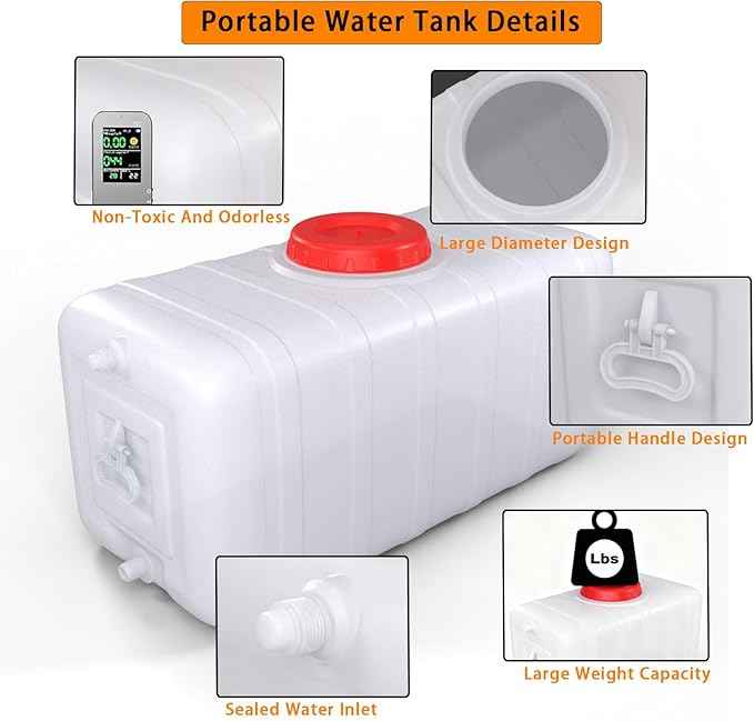 13Gallon/50L Water Storage Tank with Spigot,3m Hose and Control Valve, Large Plastic Emergency Water Tank,Water Storage Container for Camping, RV, Truck, Emergency Preparedness(22.4"*11.8"*11.8"