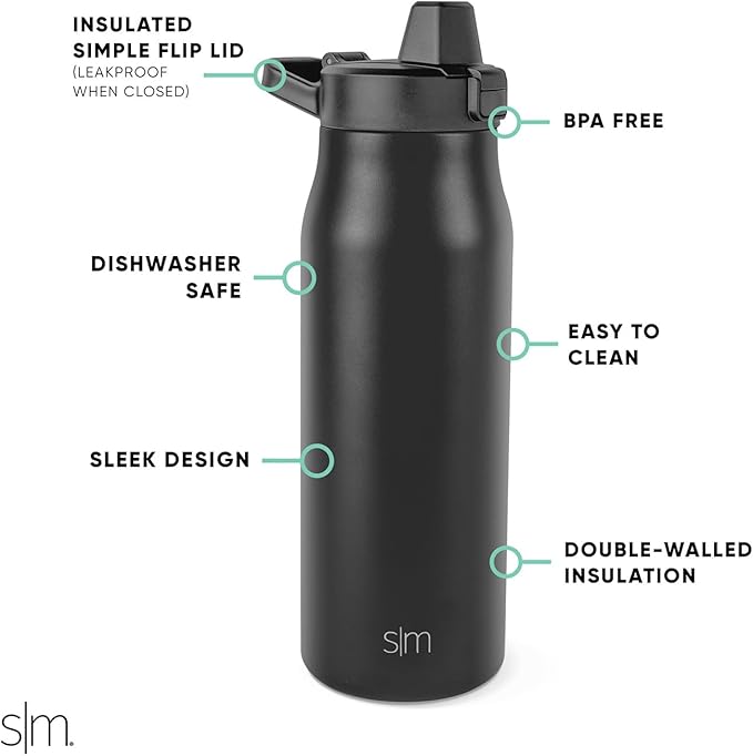 Simple Modern Filtered Water Bottle | Insulated Stainless-Steel Carbon Filter Travel Water Bottles | Reusable for Clean Drinking Water On The Go | 34oz, Midnight Black