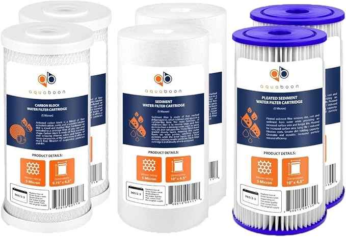 Aquaboon 5 Micron 10 x 4.5 Carbon Block Chlorine Reduction, Sediment Reduction Cartrige and Pleated Sediment Water Filter - Whole House Water Filter Replacement, 2-Pack