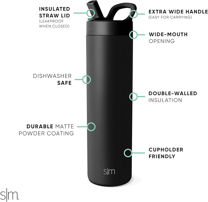 Simple Modern Water Bottle with Straw lid | Insulated Stainless Steel Thermos | Reusable Travel Water Bottles for Gym & Sports | Leak Proof & BPA Free | 24oz, Midnight Black