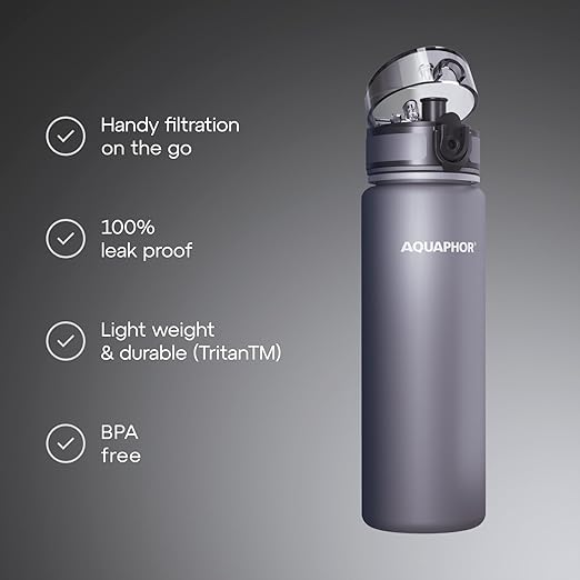 AQUAPHOR City Filtered Water Bottle in Tritan BPA-free - Portable with Integrated Water Purifying Filter 500 ml - Grey