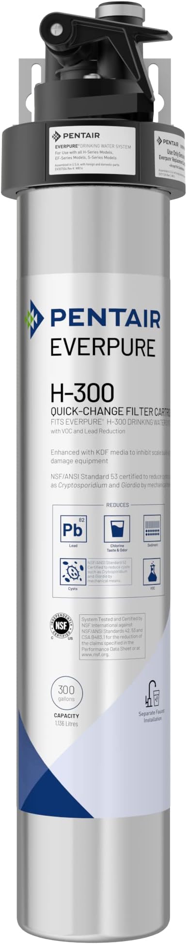 Pentair Everpure H-300 Drinking Water System, EV927076, NSF Certified to Reduce Lead, Includes Filter Head, Filter Cartridge, All Hardware and Connectors, 300 Gallon Capacity, 0.5 Micron