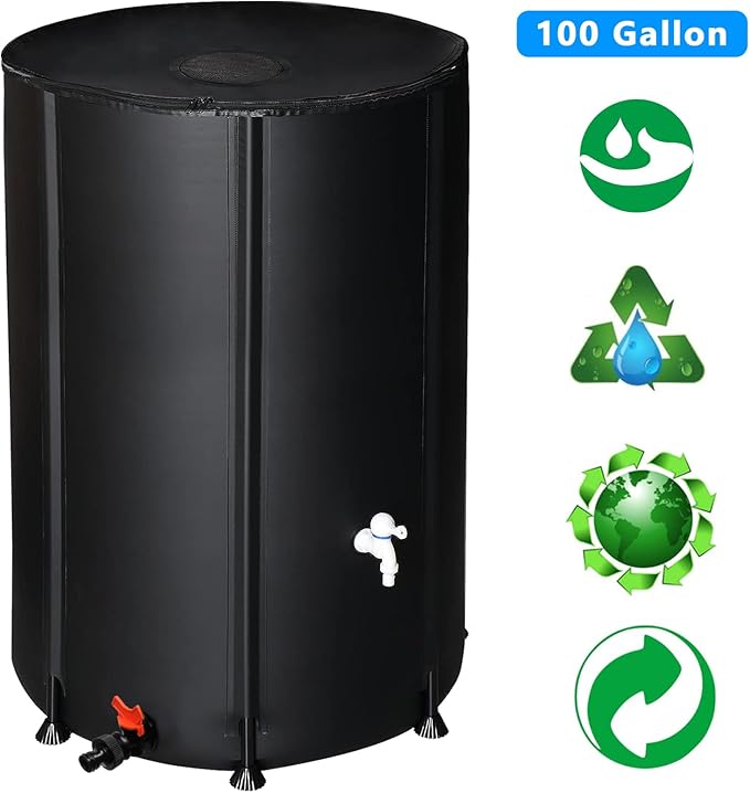 100 Gallon Collapsible Rain Barrel, Portable Water Storage Tank, Foldable Rainwater Collect System Downspout, Water Catcher Container with Filter, Spigots Overflow Kit (Black, 100 Gallon)