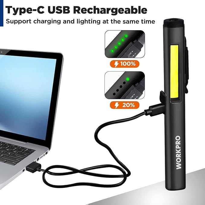 WORKPRO Flashlight Pen Light, Rechargeable Penlight with 365 nm UV Black Light, 450 Lumen LED Mini Pocket Flashlight, for Inspection, Work, Repair, Pet Secretion Detection