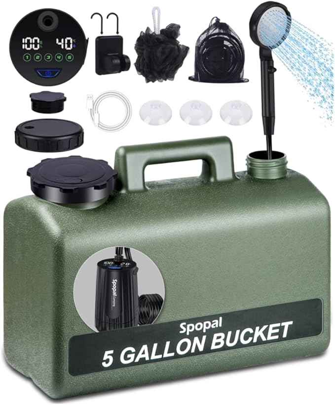 Portable Shower for Camping with 5-Gallon Water Jug, [Upgraded] 10000mAh Rechargeable Camping Shower with 5 Adjustable Speeds, Food Grade Material Water Containers for Hiking, Travel, Car, Pet