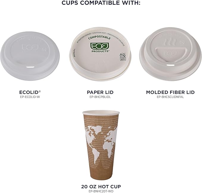 ECO PRODUCTS Compostable Disposable Insulated World Art 20oz Large Coffee Cups, Pack of 40, Renewable Double-wall Hot Paper Cup, Plant Based PLA Lining, No Sleeves Needed, Lid Available, Color Coded