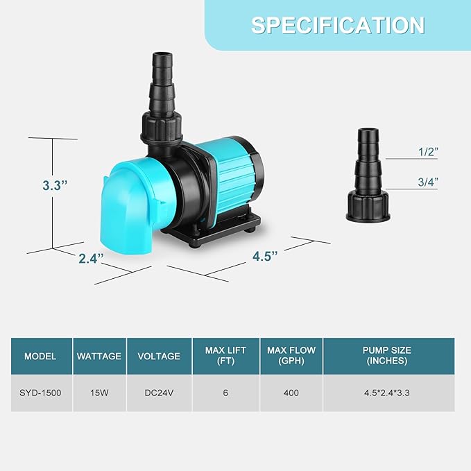 400GPH Aquarium Return pump with LCD display controller, 15W DC 24V aquarium pump for saltwater freshwater aquarium,fish tank,sump,20 speeds ECO Quiet Submersible and inline pump - AquaVibe