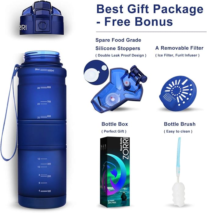 ZORRI Sports Water Bottle, 400/500/700ml/1L, BPA Free Leak Proof Tritan Lightweight Bottles for Outdoors,Camping,Cycling,Fitness,Gym,Yoga- Kids/Adults Drink Bottles with Filter, Lockable Pop Open Lid