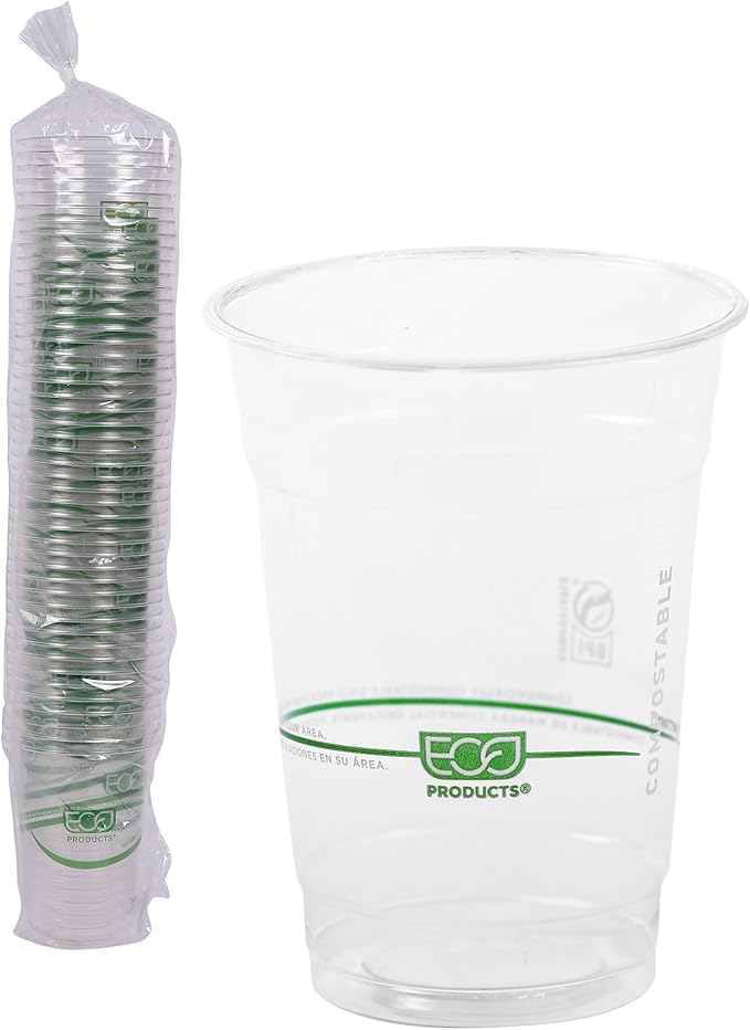 ECO PRODUCTS GreenStripe Clear Compostable 16oz PLA Plastic Cups, Pack of 50, Disposable Renewable Plant-Based Cold Cups, For Cold Drinks & Snacks, BPI Certified, ASTM Compliant.