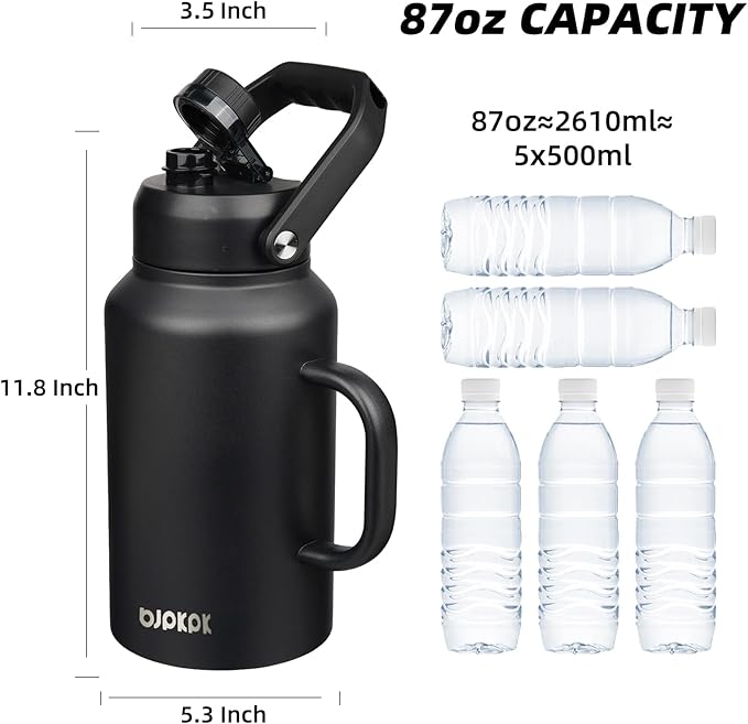BJPKPK 87oz Insulated Water Bottle with Handle, Large Dishwasher Safe 2/3 Gallon Water Bottle, BPA Free Water Jug, Wide Mouth Metal Flasks with Anti-slip Bottom, Keep Cold & Hot,Black