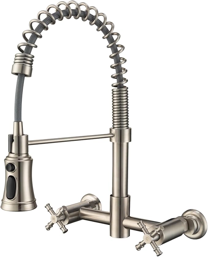Wall Mount Kitchen Faucet, 8 Inch Center Wall Mount Faucet with Pull Down Sprayer, Commercial Spring Wall Faucet for Kitchen Sink, 3 Functions, Dual Handle, 304 Stainless Steel, Brushed Nickel