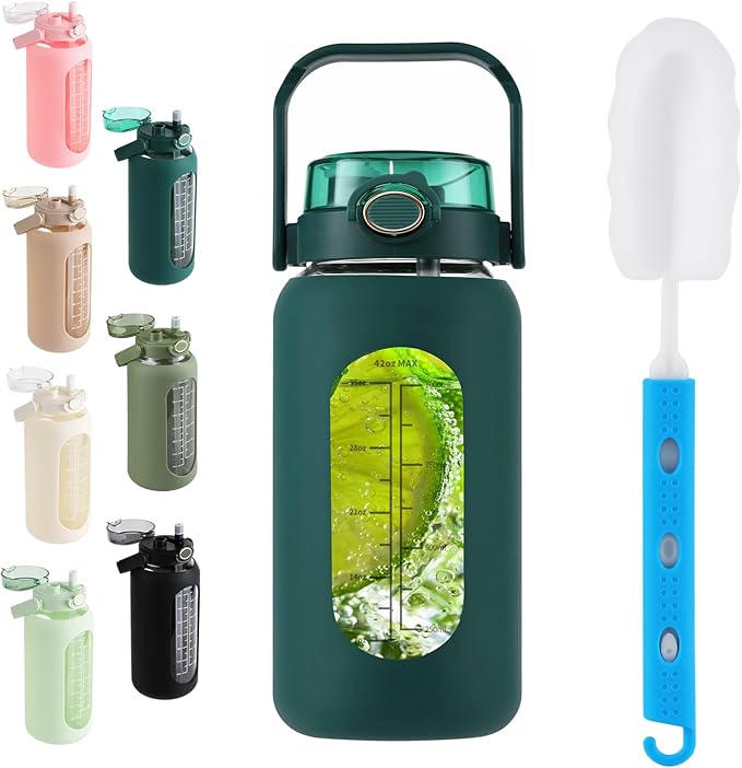 SIEROZUR 64 oz Glass Water Bottle with Straw and Handle Lid Half Gallon Motivational Glass Bottle with Silicone Sleeve and Time Marker Large Reusable Sports Water Jug for Gym Home Workout
