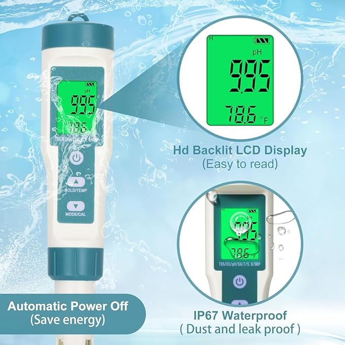 Professional Water Quality Tester, 7-in-1 PH, TDS, Temperature, EC, Salinity, SG, ORP Meter, Waterproof Smart Digital Monitor, for Drinking Water, Swimming Pool, Aquariums