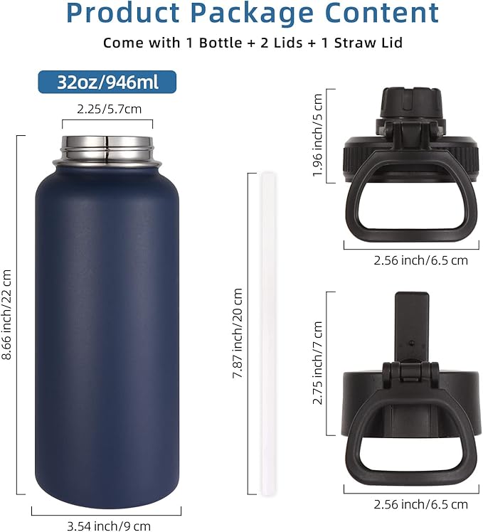 Volhoply 32 oz Insulated Water Bottle with Straw Lid and Spout Lid,Stainless Steel Sports Water Bottle,Double Wall Vacuum Cups,Leakproof Metal Flask with Wide Mouth for Hiking,Camping(Navy,1)
