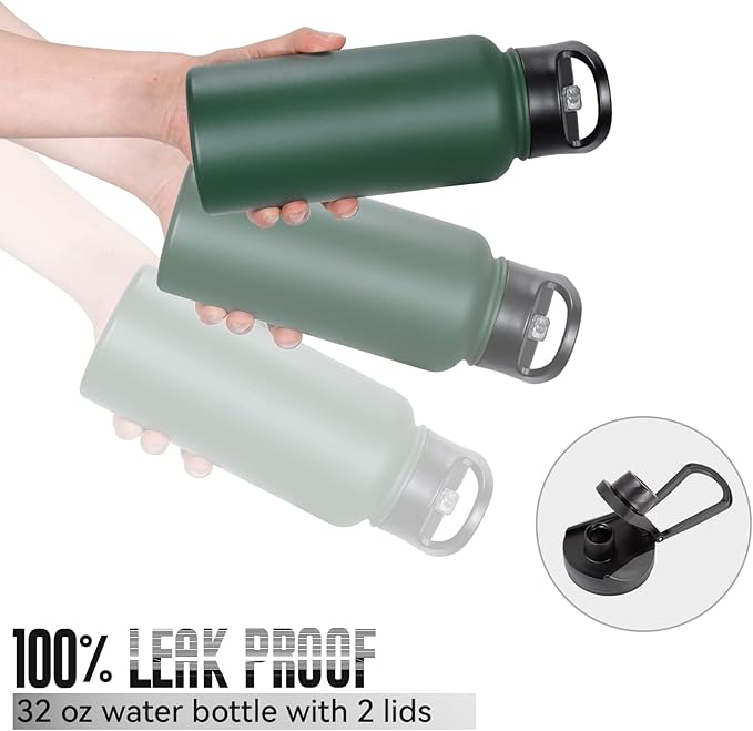 32 oz Insulated Water Bottle Bulk 8 Pack, Stainless Steel Sports Water Bottles with Straw Lid & Wide Mouth Lids, Double Walled Vacuum, Leak Proof, Dark Green