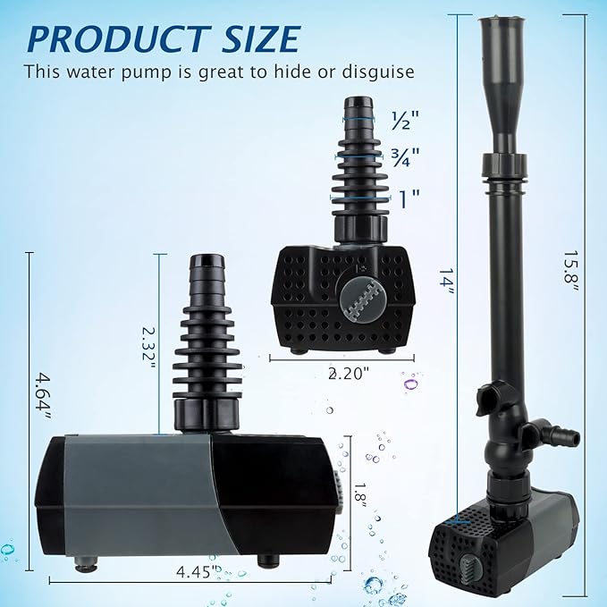 WaterRebirth HSUP700F Versatile Submersible Pump - Fountain Jets for Ponds, Fish Tanks, Water Gardens - Aquarium & Pond Pump (700L/H) - AquaVibe