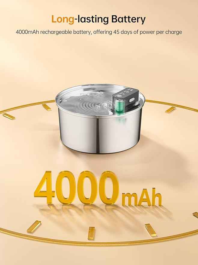 Wireless Cat Water Fountain, Stainless Steel Cordless Cat Fountain, 108OZ/3.2L Automatic Pet Water Fountain, 4000mAh Battery Operated Water Dispenser with Motion Sensor for Cats, Dogs Indoor Drinking