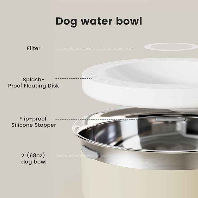 Gardner Pet Slow Water Bowl for Dogs, 2L/68oz Spill-Proof Pet Water Bowl with Floating Disk, Stainless Steel No-Spill Water Dispenser for Medium Pets